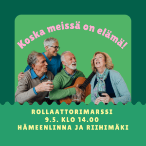 Koska meissä on elämä -teksti ja kuva ikäihmisistä yhdessä laulamassa