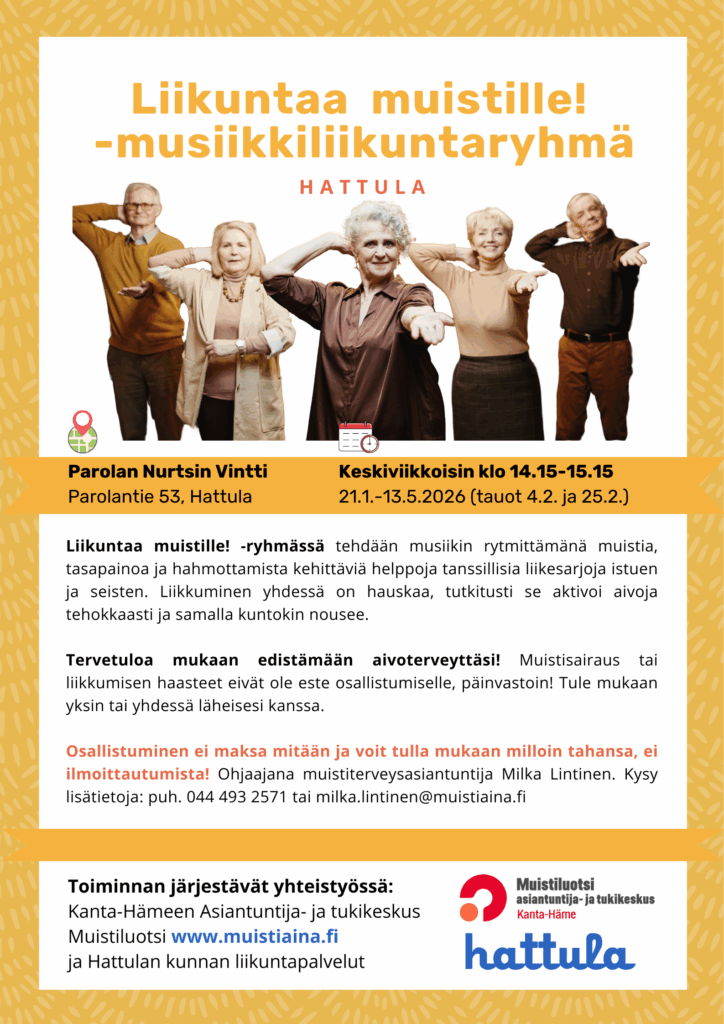 Mainos ryhmästä, tietoa ja kuvassa tanssivia ihmisiä