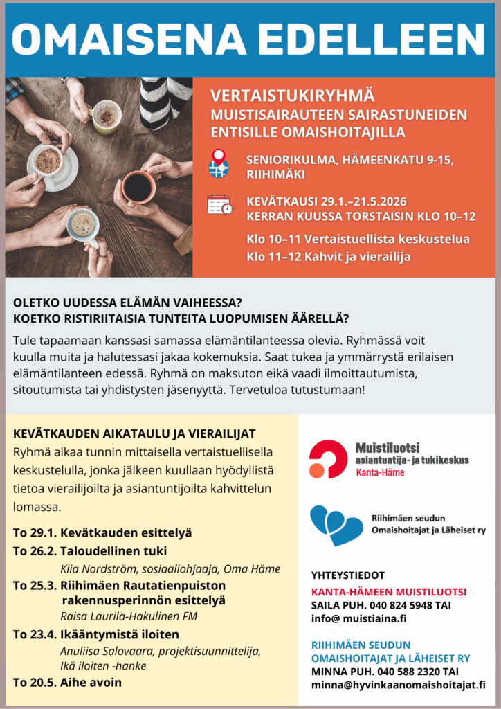 Omaisena edelleen ryhmän mainos, tietoa ryhmästä ja kuvassa ködet pitävät kahvikupeista