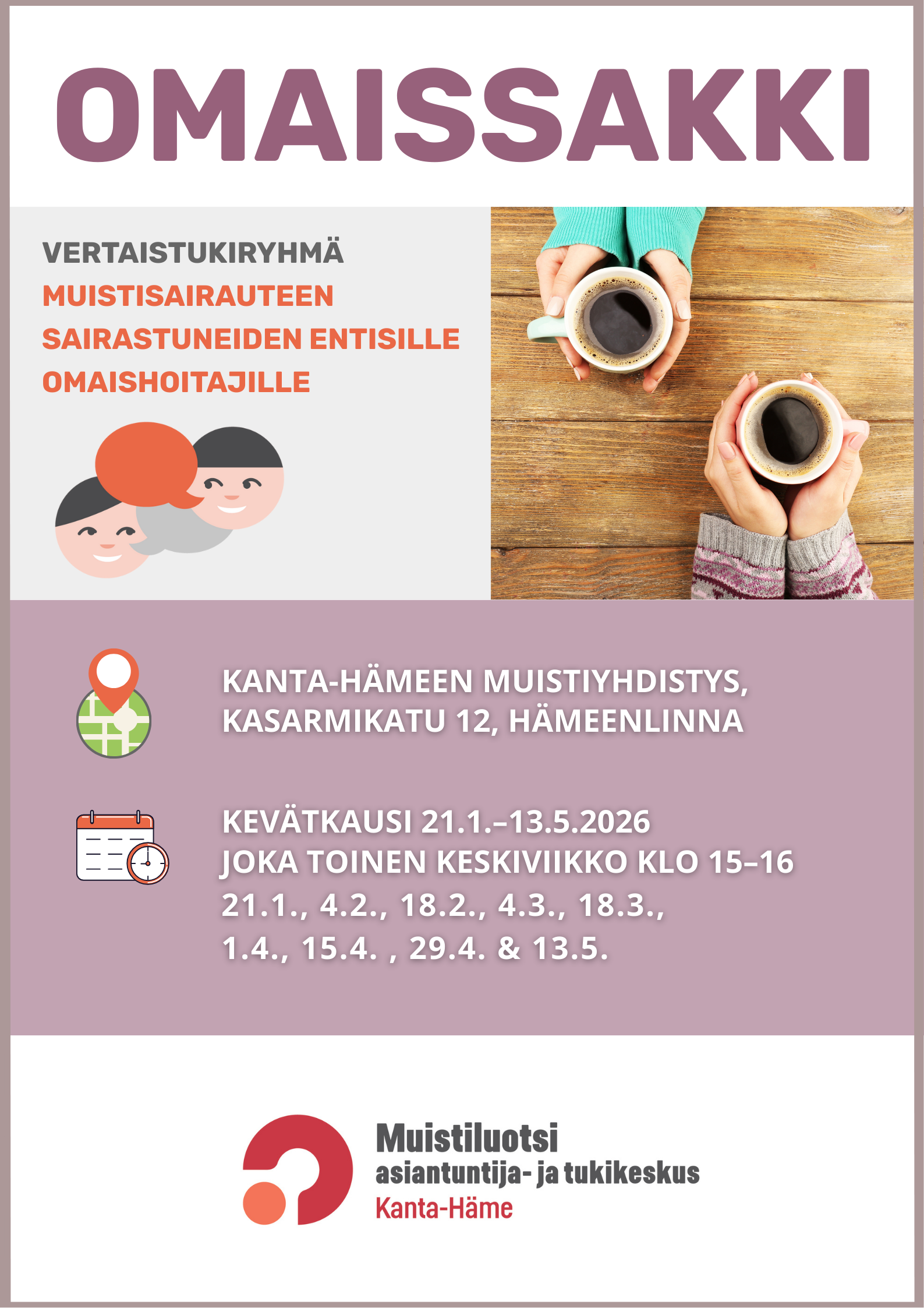 Mainos ryhmästä, tietoa ryhmästä, kuvassa kädet pitävät kahvikuppeja