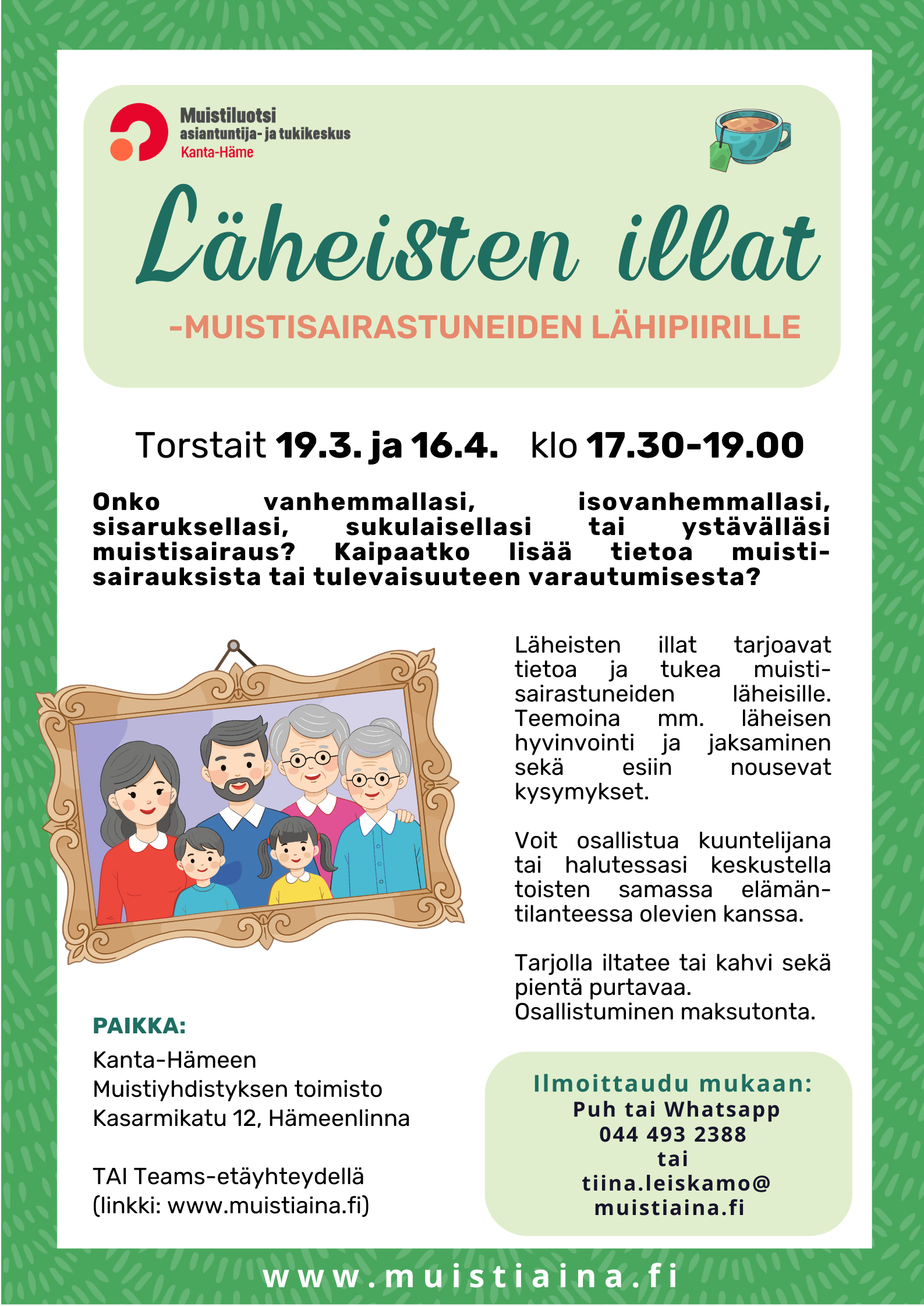 Lähten illan mainos, kuvassa tietoa tilaisuudesta ja piirretty valokuva perheestä