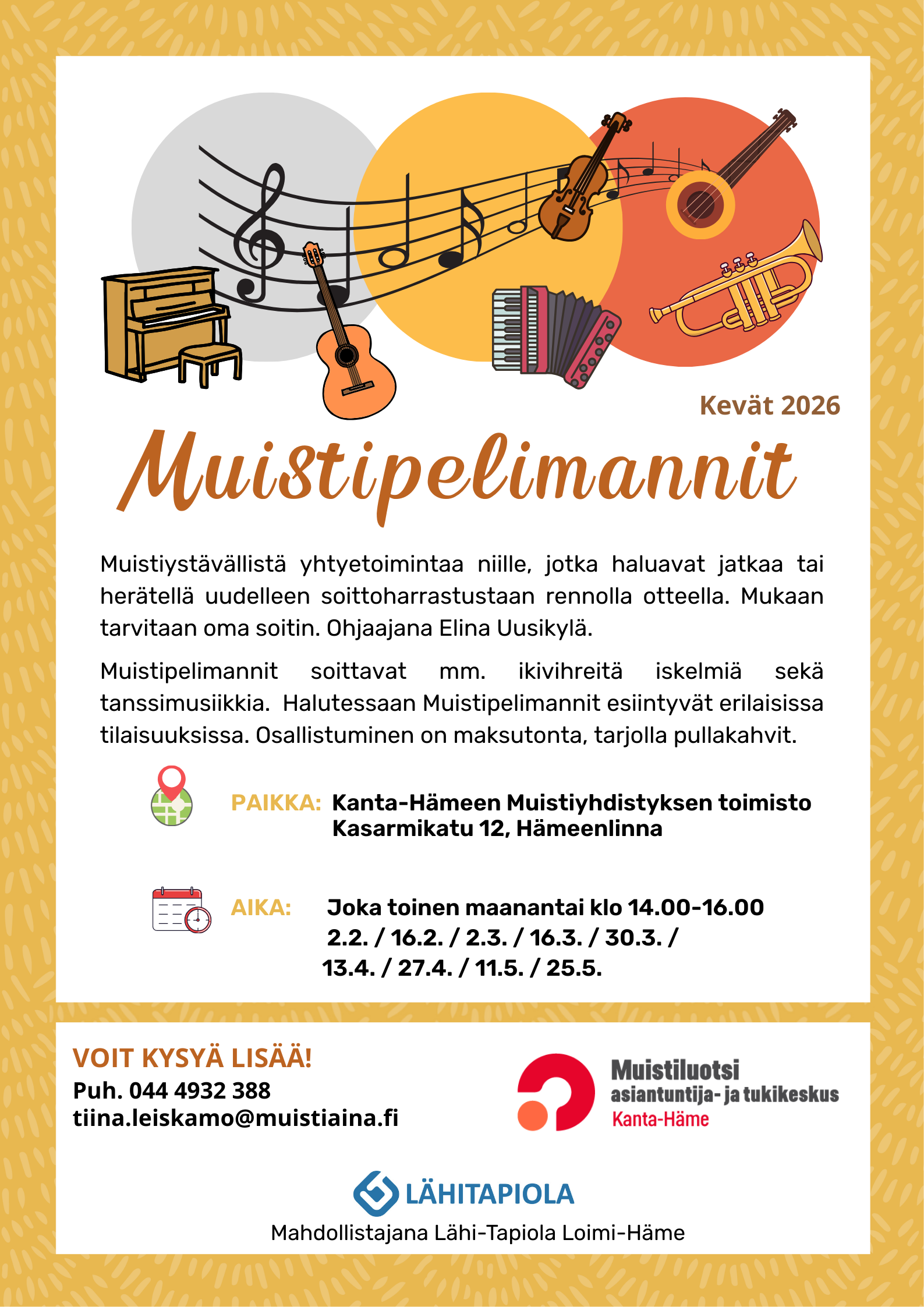 Ryhmän mainos, tietoa ryhmästä, yläpuolella kuvaa eri soittimista kuvia