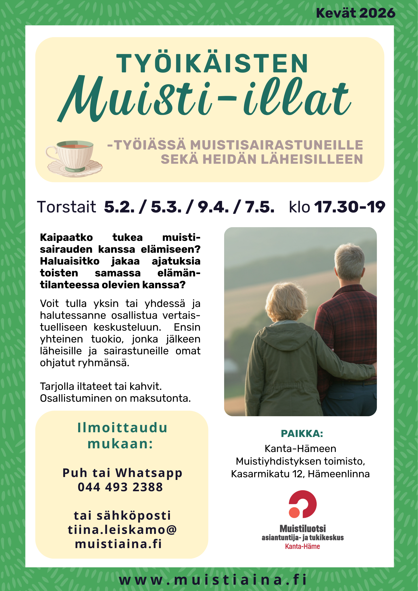 Työikäisten muisti-iltojen mainos, kuvassa tietoa ryhmästä ja pieni kuva pariskunnasta, jotka katsovat laajaa maisemaa