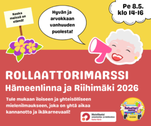 Rollaattorimarssin mainos, piirretty vanha nainen huutaa megafooniin, kukkasia ja tekstiä